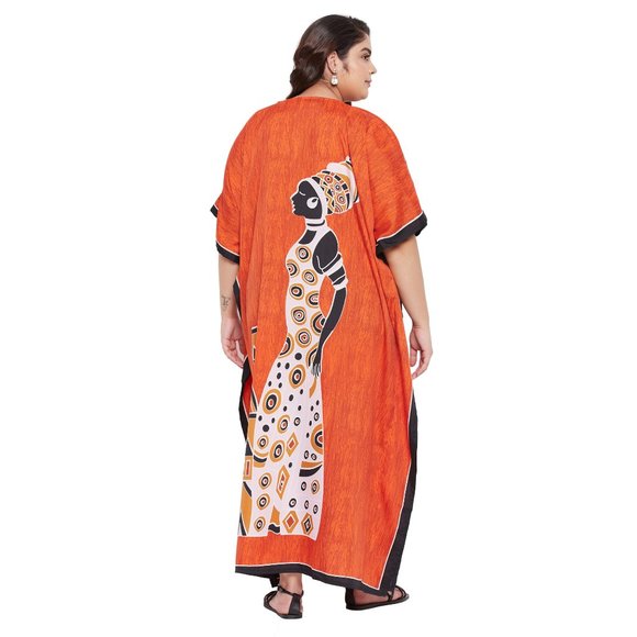 Women Plus Size Polyester Maxi Tribal Printed Orange Kaftan Dress by Gypsie Blu - Picture 7 of 9